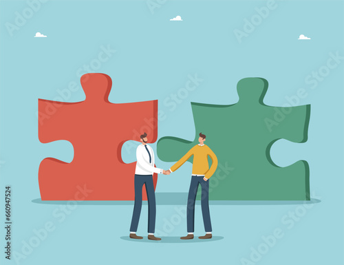 Teamwork to achieve heights in work, strategic planning to achieve common goals, cooperation for fast pace of business development, teamwork for financial growth, men shaking hands near folded puzzles