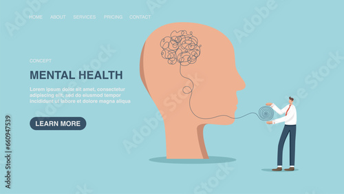 Vector illustration for poster, website or web page, banner with man unravels tangled thoughts in a big head. Mental health, intelligence and thought process to find a way out of difficult situation.