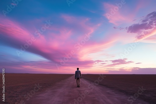 a man walking alone on a country road under gradient morning sky in pink blue hue, Generative Ai