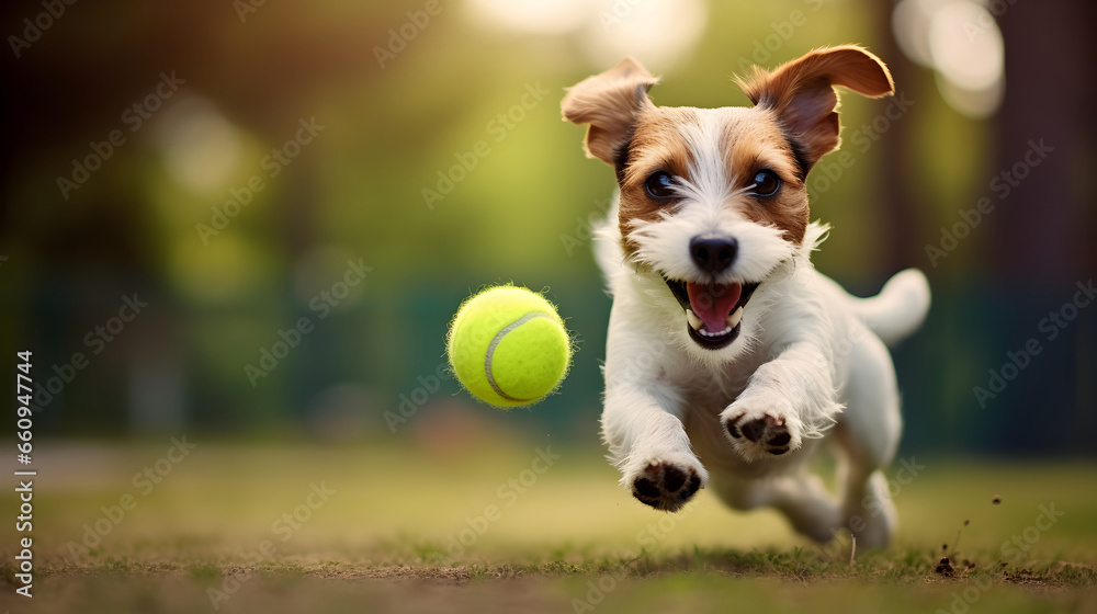 Happy jack russell terrier dog running fast to catch a tennis ball.