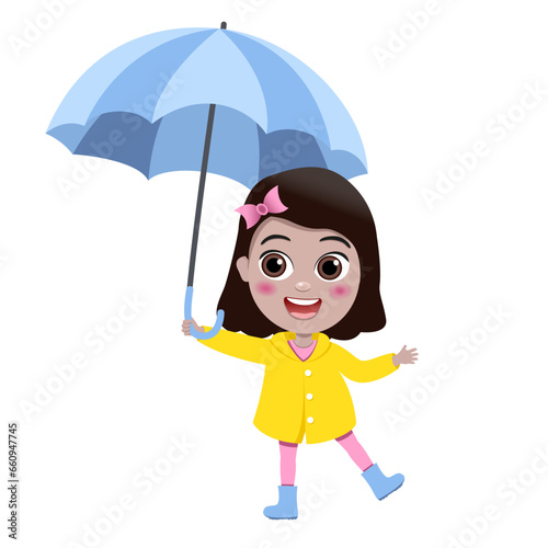 child jumping into a puddle. Cute little girl in a yellow raincoat holding an colorful umbrella in hand. Vector illustration of a little kid. Autumn outdoor activity. People character. Child