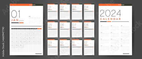Creative minimal business monthly 2024 Calendar template vector. Desk, wall calendar for print, digital calendar or planner. Week start on Monday. Simple modern annual calendar layout design elements.