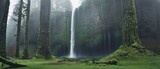 Basalt column cliff with green moss and misty cascading waterfall over a cave, ancient old conifer pine trees, unspoiled natural beauty, tranquil surroundings. 