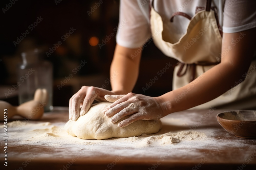 Unrecognizable woman kneading bread dough at a rural table.