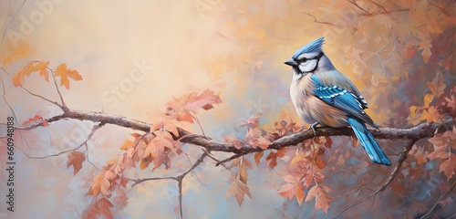 painting style illustration of blue bird on autumn oak branch, Generative Ai © QuietWord