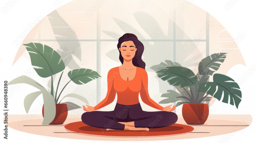Yoga at home. Young woman practicing. Physical and spiritual wellness. Vector illustration in flat cartoon style