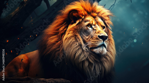 Portrait of a Beautiful lion  lion in dark