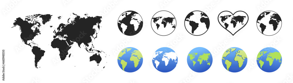 Round planet earth icon set. Round planet earth icon set.