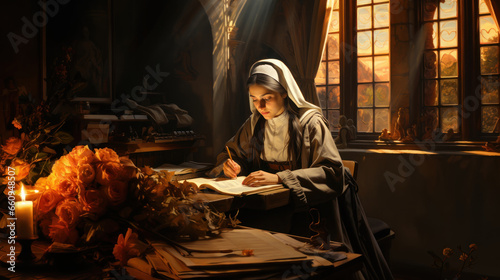 St. Teresa of Avila. Nun reading a book in a dark room with candles and flowers.