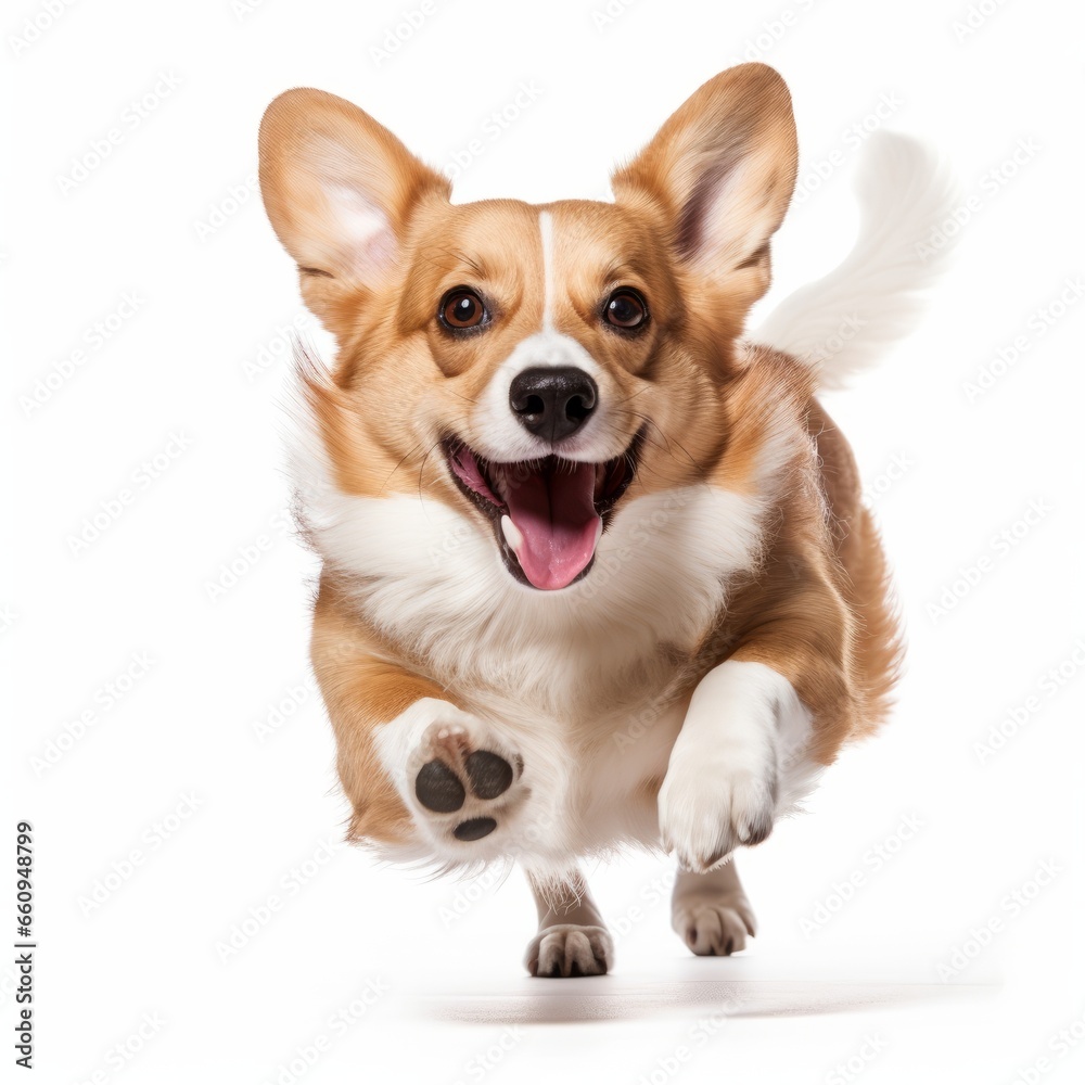 Funny active pet. Cute Corgi dog isolated on white background