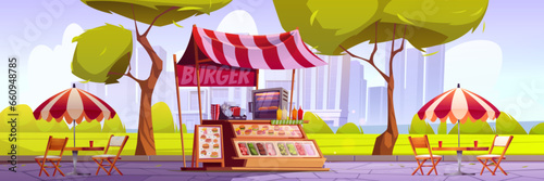Street food fair market with burger in city park cartoon background. Outdoor summer shop near table and chair to eat snack. Outside merchant booth seller in public urban place with skyscraper view