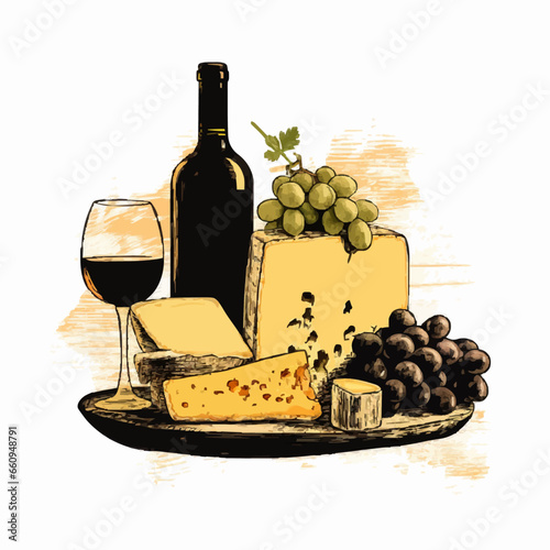 food wine and cheese silhouette distressed retro. Created using Generative AI Technology