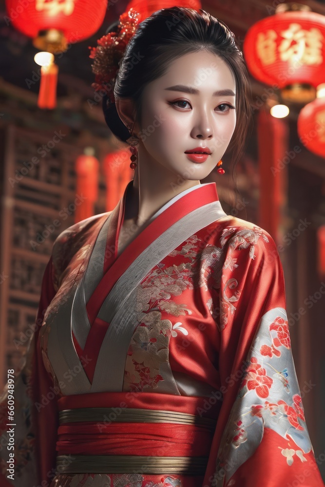 Beautiful Japanese Chinese young woman in traditional national dress kimono. Generative AI