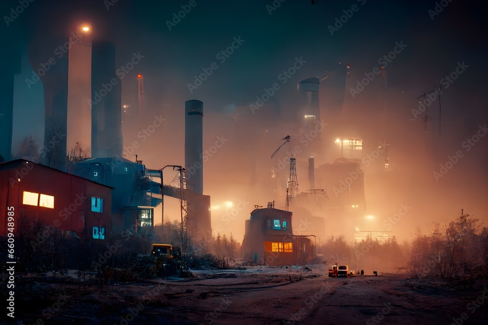 Sci Fi environment An unknown place with huge abandoned industrial machines and mechanical buildings Robots seized in place Life carries on No one knows what the huge machines are for Small town  - obrazy, fototapety, plakaty 