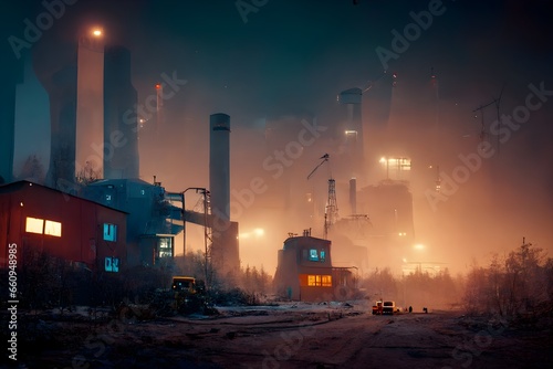 Sci Fi environment An unknown place with huge abandoned industrial machines and mechanical buildings Robots seized in place Life carries on No one knows what the huge machines are for Small town 