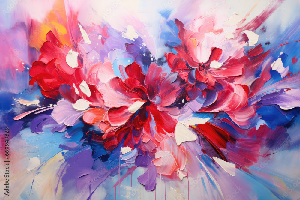 Vibrant floral painting with bold strokes. Dynamic red blossoms pop against a lively multicolored backdrop. Ideal for decor or design projects.