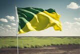 Flag with yellow top half and green bottom half waving in the wind Dutch landscape extremely detailed photography extra details hyper real panorama ray tracing depth of field F28 high detail 3D 
