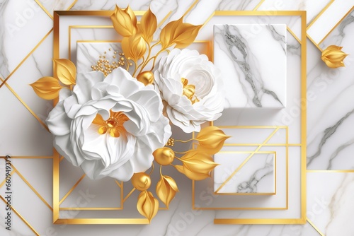 Elegance 3D Marble Texture Ceramic Seamless Pattern Gold and White Geometric Squares with Floral Ornament and Vibrant Flowers. 3D Abstraction Wallpaper for Interior Mural Wall art Decor. 