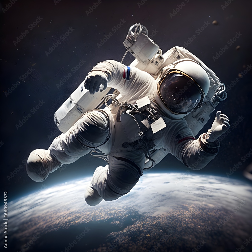astronatus floating in a microgravity environment out in space orbiting Earth  - obrazy, fototapety, plakaty 