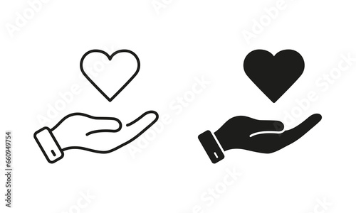 Human Hand and Heart Shape Pictogram. Peace Friendship, Emotional Support Symbol Collection. Love, Health, Charity, Care, Help Line and Silhouette Icon Set. Isolated Vector Illustration