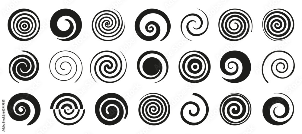 Funnel or swirl icons. Black vortex logo. Set of spiral element. Funnel icon collection