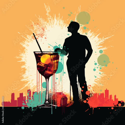food cocktail mixing silhouette distressed retro. Created using Generative AI Technology