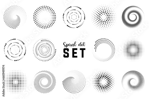 Spiral halftone dot element collection. Black spiral decoration. Circle spiral texture