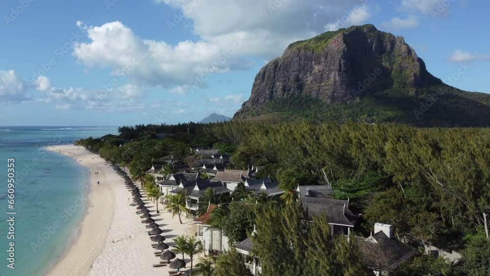 Le Morne tropical beach and famous kite, surf spot aerial panoramic
