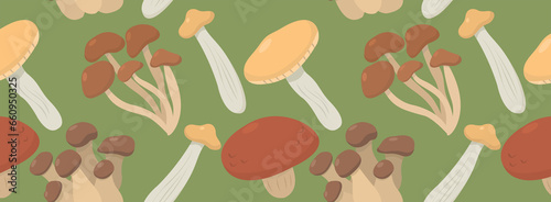 Mushrooms seamless pattern. Fungus background. Autumn veggies	