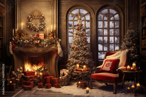 Beautiful Christmas Decoration Interior Room  Christmas Tree  Gifts  and Fireplace Backdrop Illustration