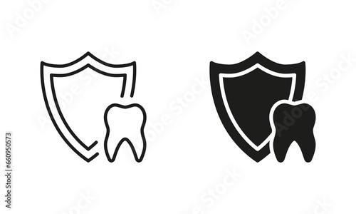 Medical Oral Care Silhouette and Line Icon Set. Dental Insurance Pictogram. Teeth Protection and Hygiene. Tooth Defense, Dental Treatment Black Symbol Collection. Isolated Vector Illustration