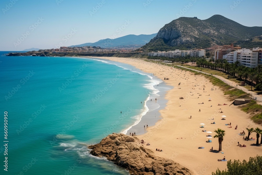 Beautiful sunny beach in Spain. Generative AI