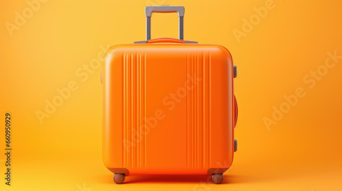 Stylish bright suitcase on orange background