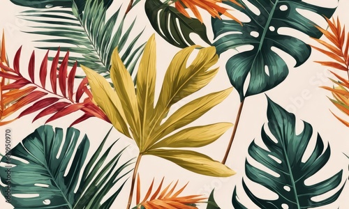  Tropical background with colorful textured palm leaves. Seamless pattern. Hand-drawn premium vintage 3d illustration. Good for luxury wallpapers, fabric printing, mural, cloth, poster, Generative AI #660950970