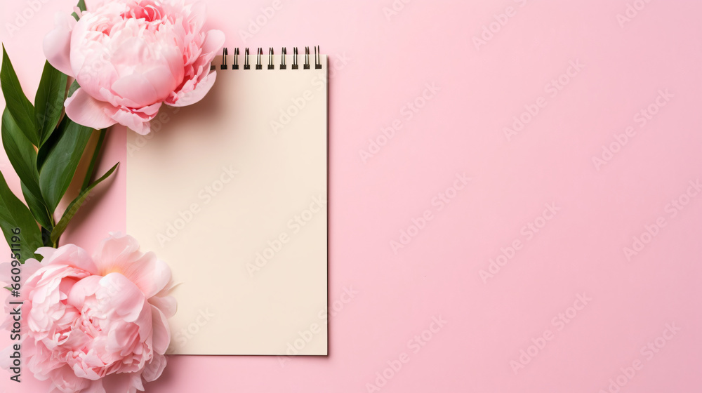 Notepad and peony flower on pink background concept