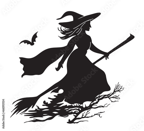 Silhouette of a witch on a broomstick Halloween sketch illustration