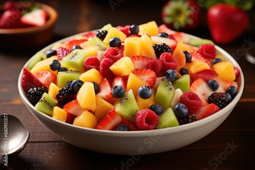 Healthy fruit salad with fresh berries  mango and kiwi.