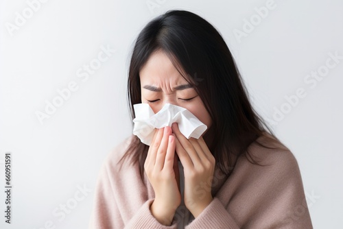 Young Asian woman with flu or allergy with running nose