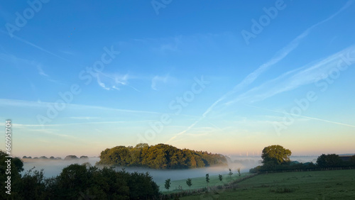 Herbstlicher dichter Bodennebel am Morgen