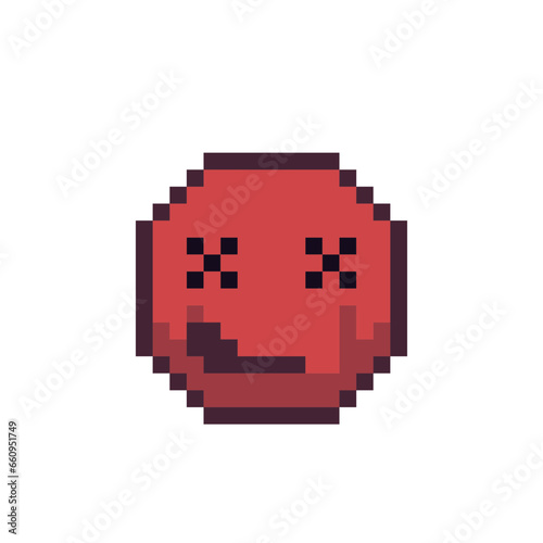 Grinning red face with eyes closed smiley, smiling emoticon, pixel art icon, smile cartoon character. 8-bit flat style. Isolated abstract colorful vector illustration.