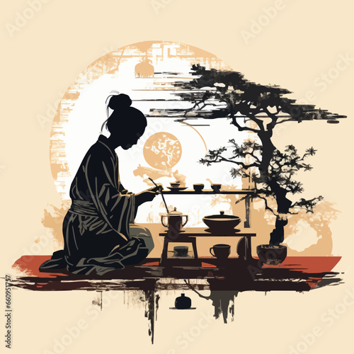 food tea ceremony silhouette distressed retro mi. Created using Generative AI Technology