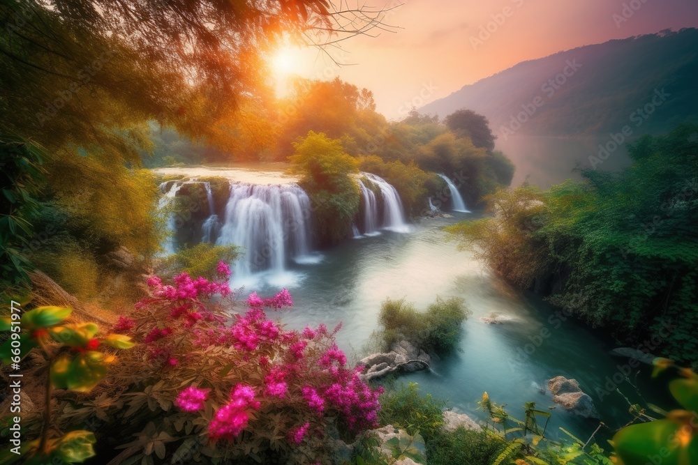 Beautiful nature lovely travel countryside place with a waterfall from the mountain, sunset, flowing river, green scenery moss, forest tree, and colorful flowers. Peaceful nature landscape wallpaper.