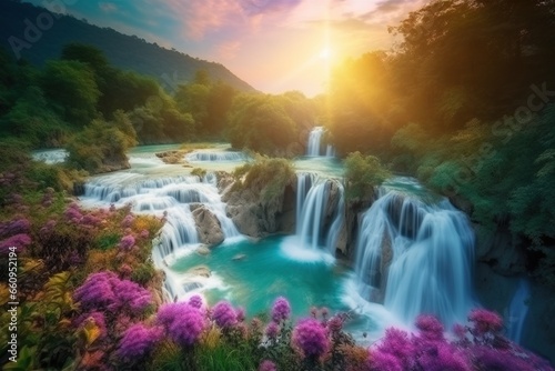 Beautiful nature lovely travel countryside place with a waterfall from the mountain  sunset  flowing river  green scenery moss  forest tree  and colorful flowers. Peaceful nature landscape wallpaper.