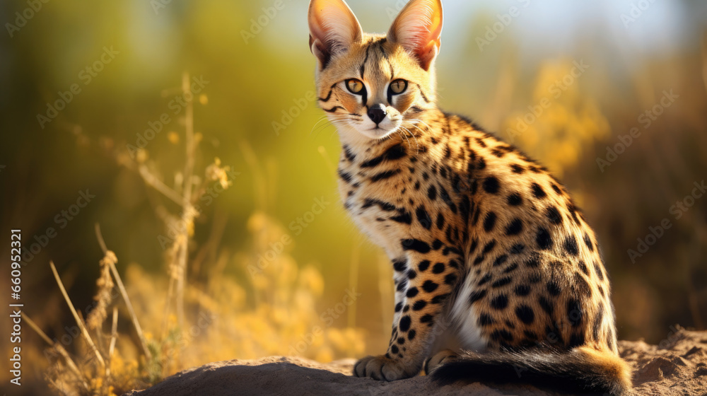 Obraz premium Serval wild cat against autumn yellow background