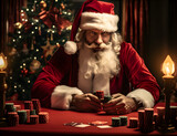 Old funny Santa, playing cards, jackpot winner, casino chips, Gambling roulette, Banner size, Claus wears costume, gambling slots machine, Website header, online money games, Christmas Casino. santa