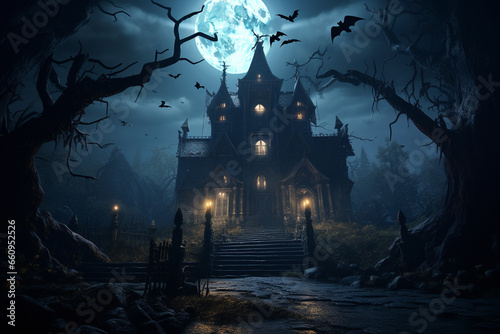 A scary home with bats flying about beneath a full moon, Halloween Background created with generative ai