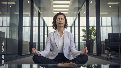Free Download Young businesswoman does yoga at work in the office. Created with Generative AI technology. - GFXLoad