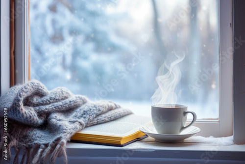 Close up of cup for coffee with smoke and opened book in background of winter view. Lifestyle concept of drinks and rest.