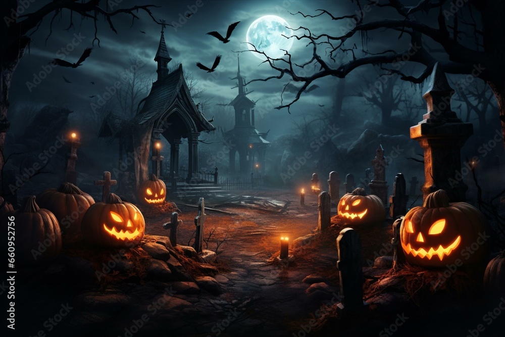 A spooky background depicting a scene from Halloween night. Generative AI