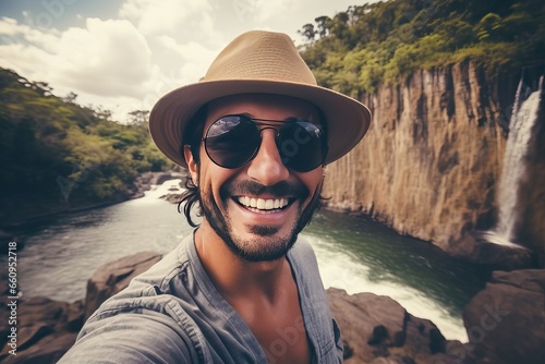 Handsome guy taking a selfie on a waterfall tour generative ai